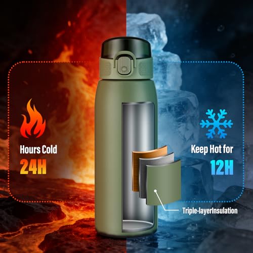 Image of Insulated Water Bottle 18 oz with Dustproof Lid, Carry Handle & Tea Infuser, BPA-Free & Leakproof, Stainless Steel Water Bottles Ideal for Fitness, Hiking, Office & Outdoor Use (Olive Green )