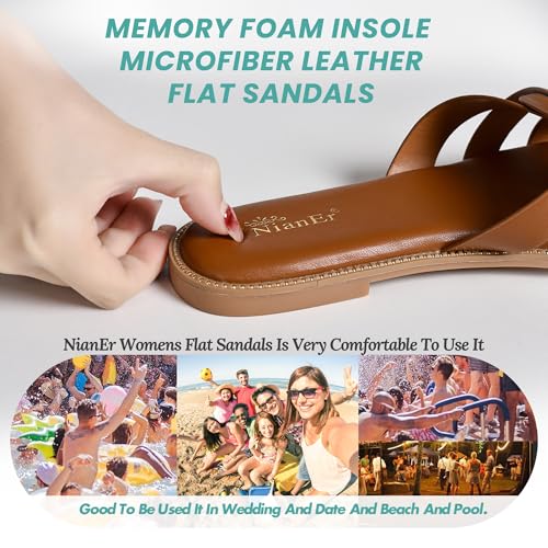 Image of NianEr Womens Microfiber Leather Memory Foam H Sandals Summer Shoes Slides | Flat, Comfortable, Slip On, Dressy, Dress, Beach, Vacation, Designer, Comfy, Casual, Bridal, Church, Boho, Office, Work