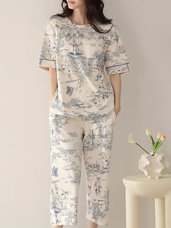 Image of LUXERUDRA Women's Pajama Set, Soft Breathable Korean Style Nightsuit with Top & Full Pants, Lightweight Loose Fit Nightwear & Loungewear for Girls & Women.