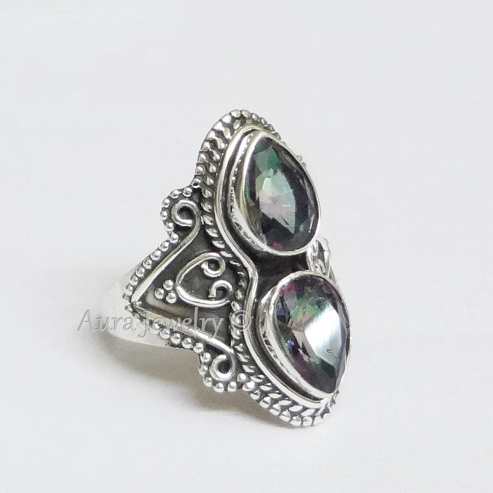 Sólido anillo de plata de ley 925 para mujer Anillo de topacio místico natural Anillo de compromiso de plata de ley Conjunto de bisel Anillo de piedras preciosas
