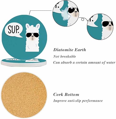 Miniatura 4 de oFloral Juego de 2 posavasos absorbentes de alpaca para bebidas, diseño de animales de dibujos animados que usan un lentes de sol, divertidos