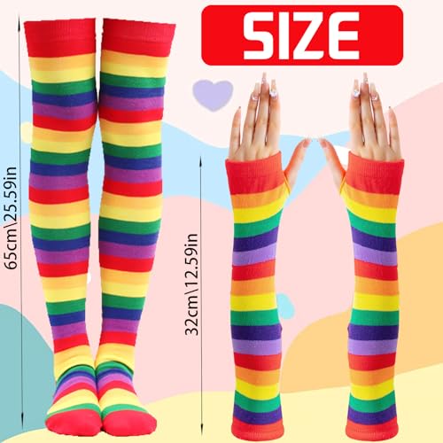 AUNGCSHE 2-Teiliges Set, 1 Damen Gestreifte Overknees Strümpfe, 1 Regenboge Handschuhe, Kniestrümpfe Regenboge, Fingerlose Handschuhe, Kostüm für Weihnachten Karneval Warm Halten(Rot)