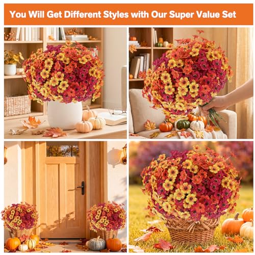 Image of Powbrace 22 Pack Artificial Fall Flowers Mums for Outdoor Indoor(Fall Mix)