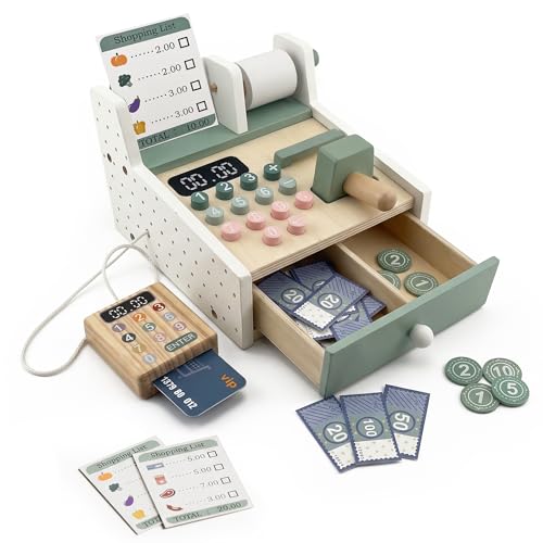 Montessori Wooden Cash Register Toy Pretend Supermarket Play Set (Ages 3+)