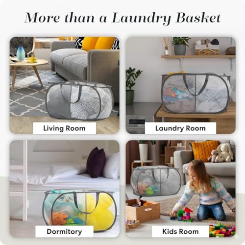 Image of Handy Laundry Collapsible Laundry Basket, 2-Compartment Mesh Pop Up Hamper with Handles - Foldable, Space-Saving Dirty Clothes Organizer for Dorm, Travel, Laundry Room, Grey
