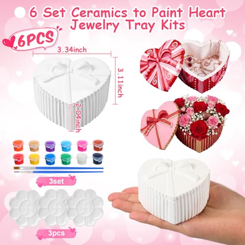 Image of Zubebe 6 Set Ceramic Hearts to Paint Jewelry Tray Kit with Lid Ready to Paint Ceramics Ring Dish Holder DIY Unpainted Plate Trinket Dish Tray DIY Gift for Women Adult Wedding Valentine Christmas