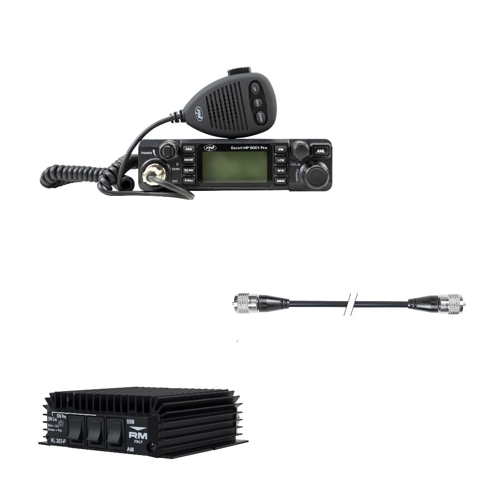Kit Completo de Radio CB PNI Escort HP 9001 Pro, Amplificador ASQ + RX-TX KL203P, Am/FM/SSB, 100 W, 12 V y Cable PNI R50