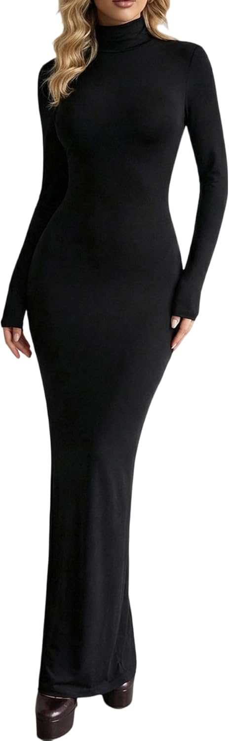 OYOANGLE Women's High Slit Open Back Bodycon Dress Long Sleeve High Neck Cocktail Long Dresses