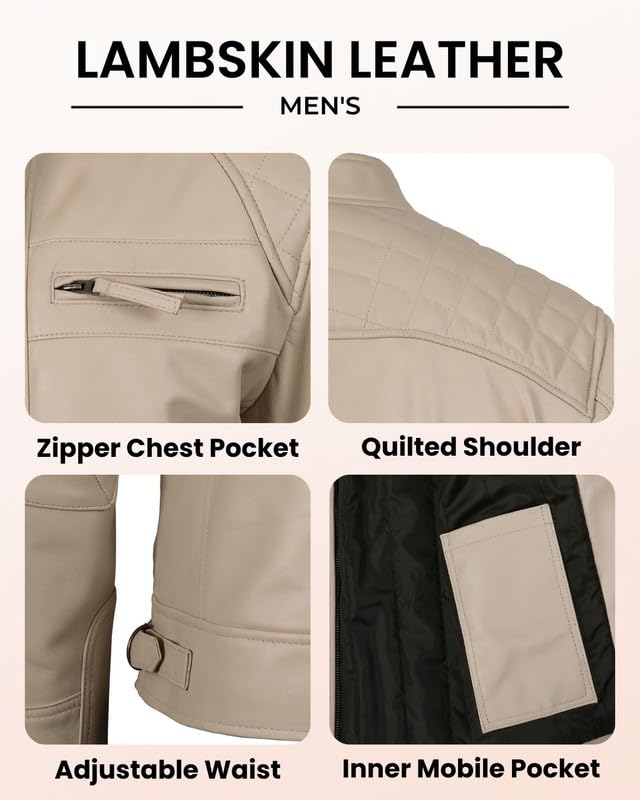 Image of Blingsoul Men's Leather Motorcycle Style Jacket - Quilted Cafe Racer Biker Style Jacket for Men