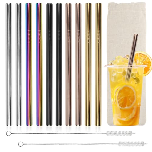 YUE QIN 10 Stück Bunt Strohhalme Edelstahl Wiederverwendbar Bubble Tea Strohhalme mit 2 Reinigungsbürsten und Tasche Metall Trinkhalme Gerade 304 Edelstahl Strohhalm für Cocktail Smoothie Milchshake