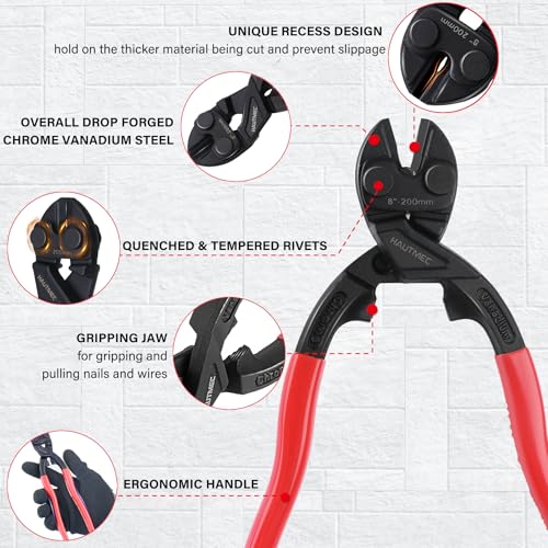 Image of HAUTMEC 8 Inch Mini Bolt Cutters, High Leverage Compact Bolt Cutter, Anti-Slip Comfort Grip, CRV Steel Blade with Recess, Cuts Rods, Bolts, Wires, Cables, Rivets, and Chains, HT0463