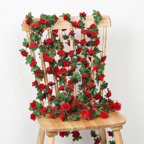 Weldomcor Pack of 5 Artificial Red Garland 2.45 Metres Flower Garland Roses Vines Silk Flowers Outdoor Hanging Artificial Flowers Decoration for Wedding Arch Bedroom Wall Backdrop Garden Decoration - Image 3