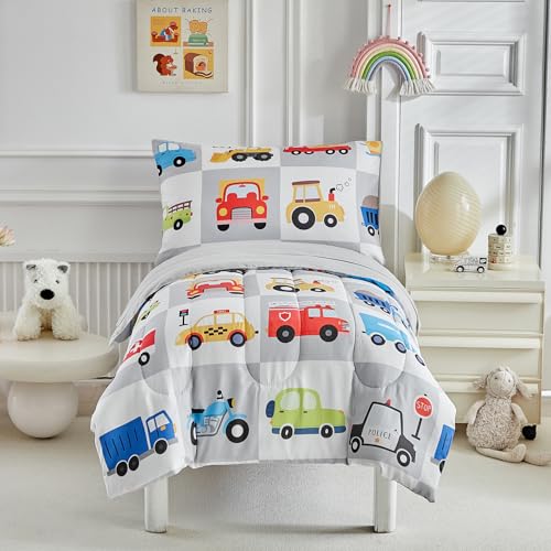 Image of White Gray Toddler Bedding Set for Boys Girls Colorful Cars Vehicle Auto Fire Engine Bulldozer 4PC Toddler Bed Set - Soft Cute Toddler Plaid Patchwork Bed in a Bag with Sheet Set and Pillow Shams