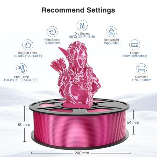 Image of Rose Red Silk PLA Filament 1.75mm, High Speed PLA 3D Printer Filament Rose Pink Low Warp & Clog-Free, Shiny Magenta PLA 1kg(2.2lb), Fits for Most FDM 3D Printers