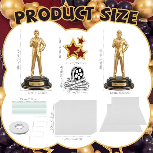 Image of 4 Pcs Movie Night Party Decorations Includes Film Strip Cardboard Star Cutout Gold Man Standees with Sturdy Bases for Movie Red Carpet Themed Birthday Party Photo Booth Props