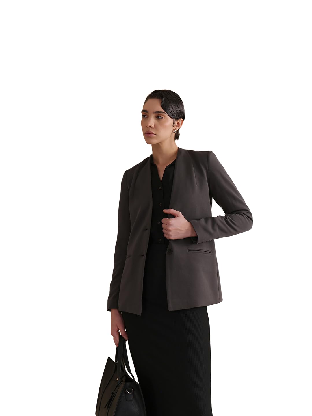 fablestreet Women Coat | Tailored Fit Notch Lapel Single Breasted Design | Smooth Polyester Fabric & Solid Dark Grey Style for Business Casual & Formal Wear-picture-38