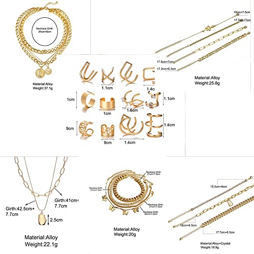 CONGYING 46 Pcs Gold Jewelry Set with 11Pcs Necklace, 11 Pcs anklet and 18 Pcs Earring Ear Cuff,6Hoop Earrings for Women Girls, Fashion Indie Costume Jewerly Pack for Friendship Party Gift