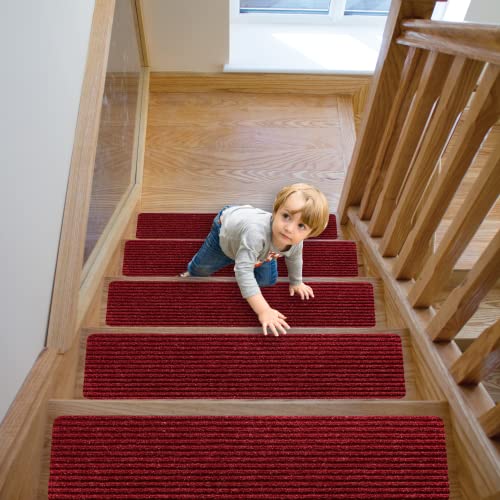 Non Slip Stair Treads for Wooden Stairs 8X30 in. (7/15-pack) - Stair Runners for Wooden Steps Indoor Runner for Kids Elders and Pets with Reusable Adhesives (30 x 8, Red, 7)