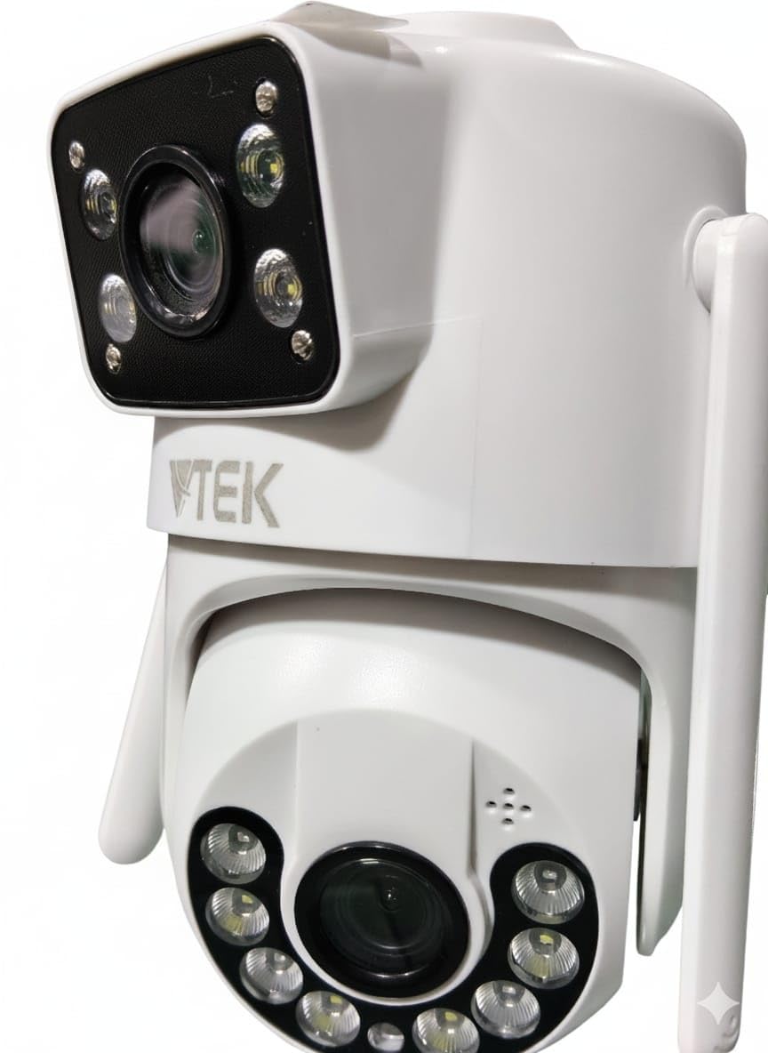 vtek dual lens ptz security camera, white, pan tilt zoom, night vision, outdoor surveillance