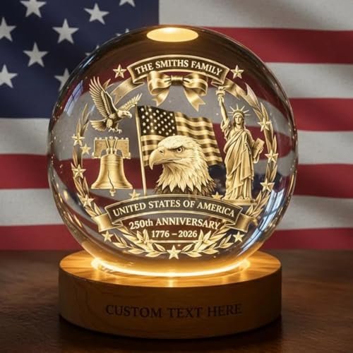 Image of 250 Anniversary Usa Merchandise, Personalized 250th Anniversary Crystal Ball Night Light, Custom 1776-2026 USA LED Lamp, Engraved Patriotic Gift, American Independence Decor Light for Home Desk