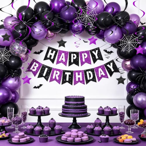 Image of BEISHIDA Black Purple Happy Birthday Banner with Stars for Kids Women Men Birthday Decor