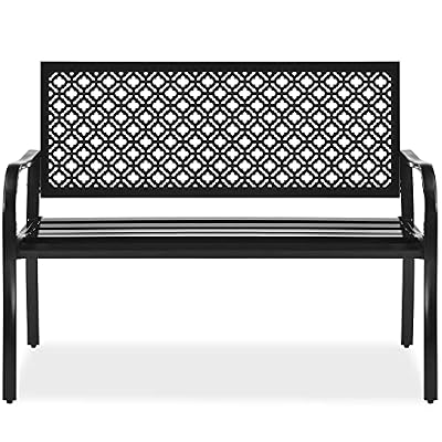 Best Choice Products Outdoor Bench 2-Person Metal Steel Benches Furniture for Garden, Patio, Porch, Entryway w/Geometric Backrest, 790lb Capacity – Black