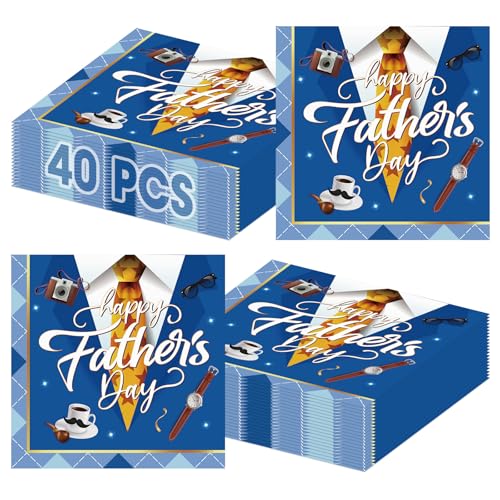40 Pcs Happy Fathers Day Napkins - 6.5 Inch Blue Father Days Paper Napkins 3-Ply Disposable Dad Day Cocktail Napkin Hand Towel Set for Happy Fathers Day Party Supplies Table Decorations Favors