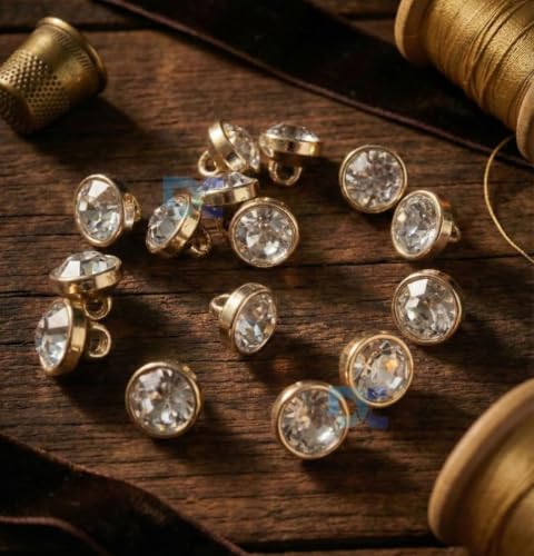 Image of Crystal Rhinestone Buttons (Size-18L) for Sewing & Craft | Gold Rim Designer Button for Blouse, Kurti, Dresses, DIY Craft & Decorations | Pack of 12 | Shiny Diamond Cut for Women's Clothing