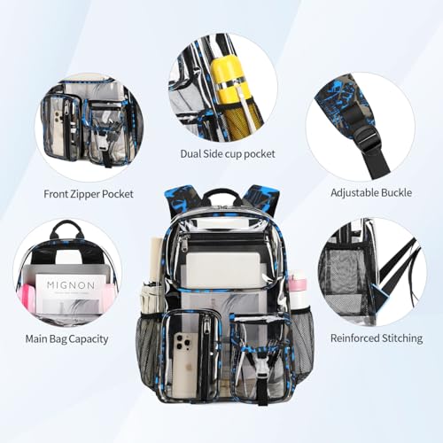 Image of Large Clear Backpack Heavy Duty For Stadiums Events,16in TPU Blue BookBag | Large capacity See Through strong Plastic backpack Stitch Durable Design 6-Pocket For School carry Airport Quick Security