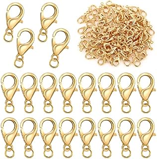 Grevosea 100pcs Curved Lobster Clasps, Alloy Lobster Clasp with 200 Open Jump Rings Gold Zinc Alloy Lobster Clasps Bracelet Clasps Necklace Clasps for Jewelry Making Accessory 7x12mm