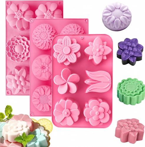 Silicone Soap Molds different Cavities Soap Mold with Different Shapes Perfect for Soap Making Handmade Cake Chocolate Desserts Biscuit Pudding Teacake Jelly 3 Pack - Flower