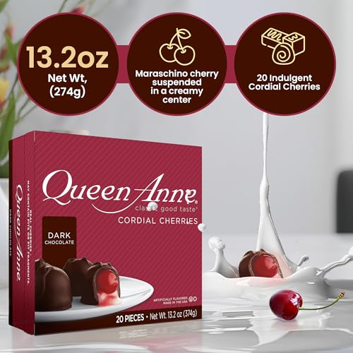 Queen Anne Dark Chocolate Covered Cordial Cherries | 13.2 oz | 20 Piece Gift Box | Whole Maraschino Cherry Creamy Filled Liquid Center | Holiday Party Chocolate Candy