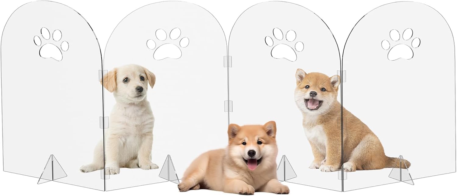 Acrylic Dog Gate Thickened Clear Pet Christmas Tree Fences Foldable Freestanding Indoor Barrier for Puppies, Kittens (4 Panels - 80''W x 24''H)