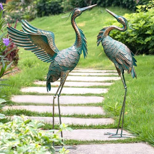 Natelf Metal Crane Garden Statues, Large Heron Outdoor Bird Sculpture Decor for Patio Pond Yard 36-39inch Yard Art, Set of 2