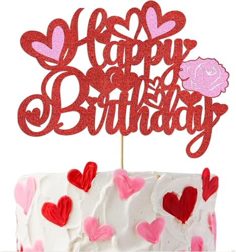 Decoracion Tarta San Valentín, Topper Tarta Cumpleaños Roja, Decoración Tarta Corazón Rojas Purpurina Happy Birthday Decoracion Tarta para Esposas, Hijas, Madres