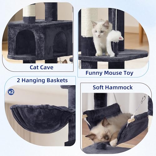 Image of Gitelsnour Tall Cat Tree Tower for for Multiple Cats, Large Condo, GCT031G | 78.7 inch(200cm) Multi-level Scratching Post for Indoor Large Adult, 2 Condo, 4 Platforms, 3 Hammock, Sisal Rope, Toys Smoky Gray