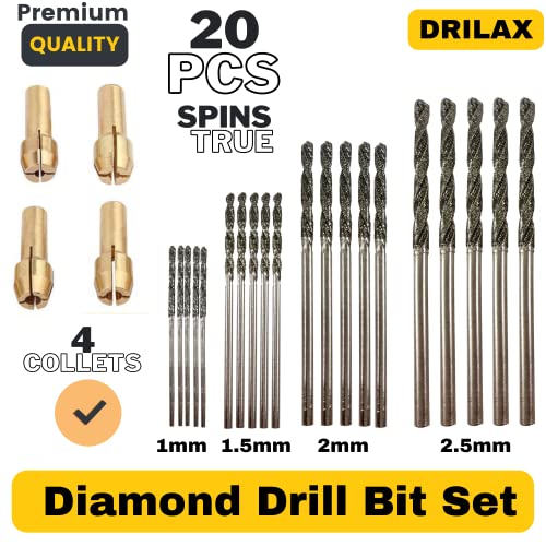 Drilax 24-Piece Diamond Drill Bit Set (1mm, 1.5mm, 2mm, 2.5mm) Compatible with Dremel Rotary Tools, Includes 4 Collets - Image 2