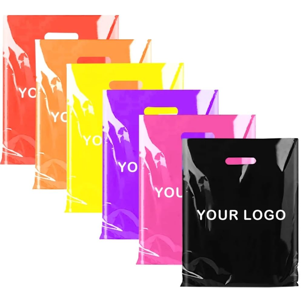 gorm 100pcs Custom Shopping Bags with Logo for Boutique Personalized Plastic Gift Bags with Logo Customized Merchandise Bags with Logo for Business (Purple,20X30cm)