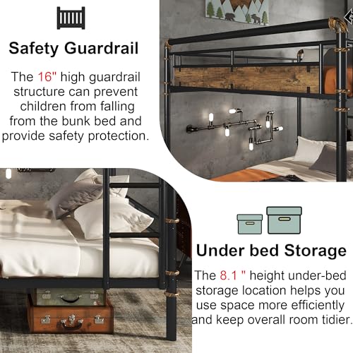 Mirightone Industrial Queen Over Queen Bunk Bed,Heavy-Duty 2 in 1 Convertible Bunk Bed with Ladder and Slats Support,Metal Queen Bunk Beds for Adults Teens,15.9" High Guard Rail,Space-Saving,Black