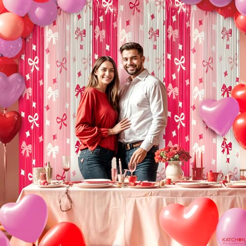 Image of KatchOn, Xtralarge Pink Bow Streamer Backdrop - 3.2x6.5 Feet, Pack of 3, Pink Bow Banner | Valentines Backdrop, Valentines Day Decorations | Pink Bow Birthday Decorations | Galentines Day Decorations