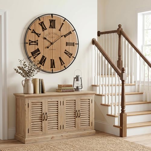 Image of EMAX HOME Inch Large Farmhouse Wall Clock, 3D Raised Roman Numerals on Wooden Background, Silent Quartz Movement, Black Metal Frame for Easy Reading in Entryway, Hallway, or Dining Room