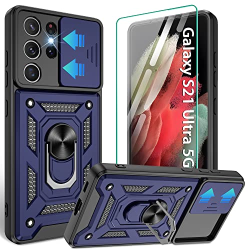 Coque Samsung S21 Ultra avec protège-écran HD et cache caméra bleu