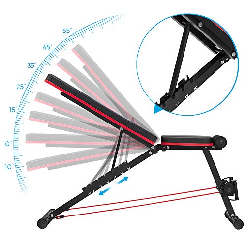 SONGMICS Halterbank, trainingsbank, schuine bank, verstelbaar, inklapbaar, 7-traps kantelbare rugleuning, multifunctioneel, voor hometraining, met 2 elastische touwen, halteroefeningen, zwart-rood SWB801R01 - Image 5