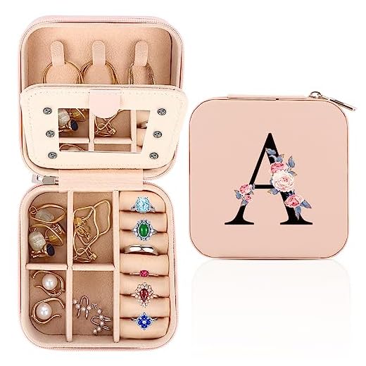 FIDWALL Portagioie da Viaggio, Portagioie con Monogramma, Porta Gioielli da Viaggio, Piccolo Portagioie da Viaggio con Specchio, Regalo di Compleanno per Donne, Porta Gioielli Donna(A)