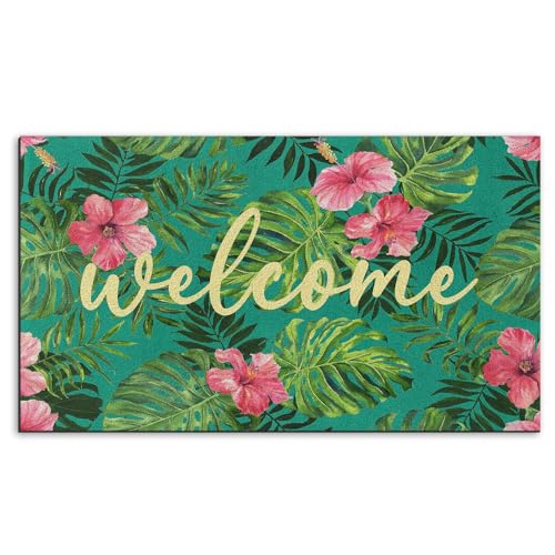 Arttown Summer Monstera Palm Leaf Door Mat, 17x30 Tropical Camouflage Gray Welcome Doormat...