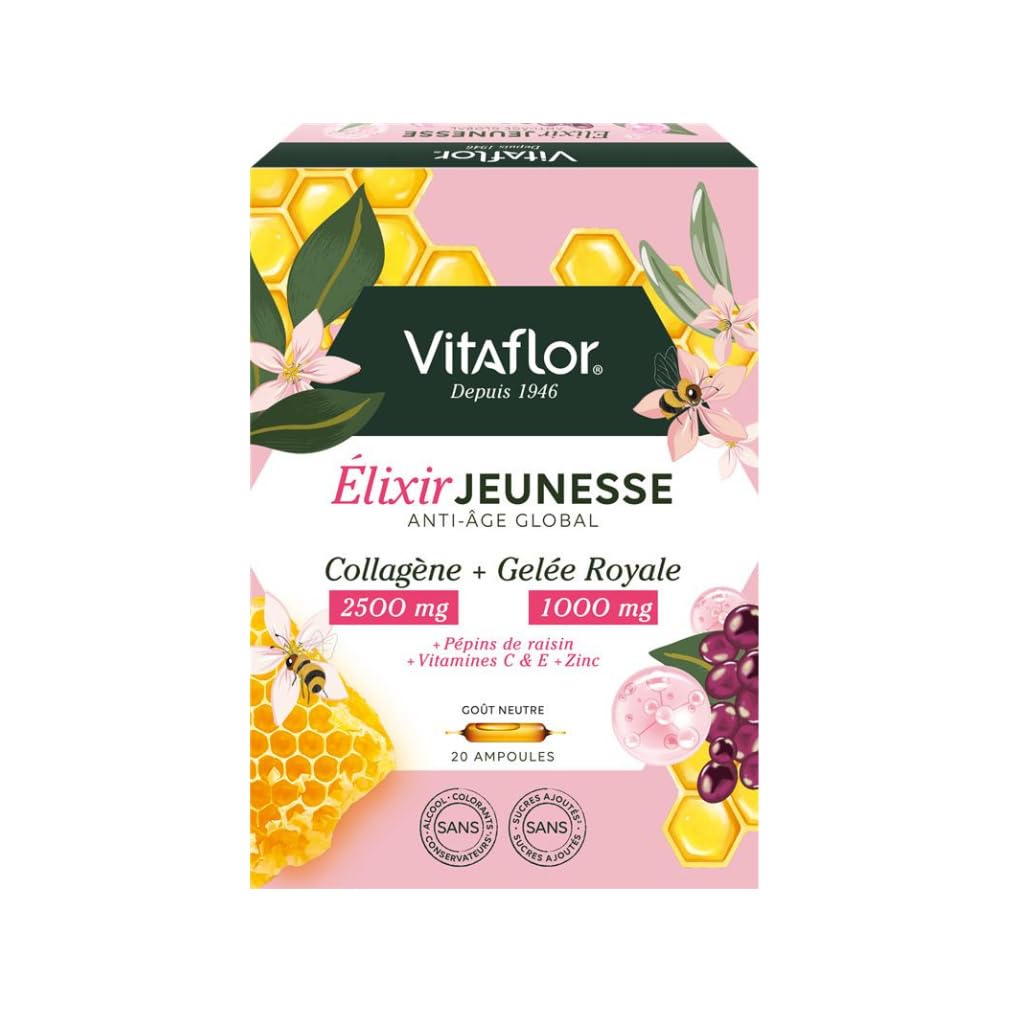 ÉLIXIR JEUNESSE Collagène 2500 mg & Gelée Royale 1000 mg | 20 Ampoules | Complexe Antioxydant Vitamines C, E & Zinc | Complément Alimentaire Anti-Âge | Fermeté & Élasticité de la Peau | VITAFLOR