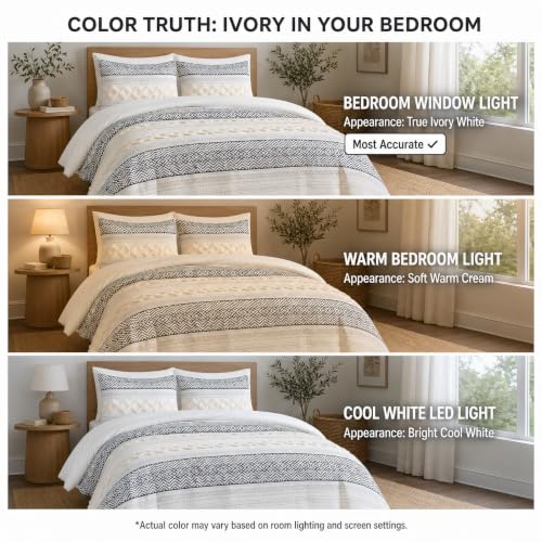 Image of Hyde Lane Boho King Size Comforter Set - 3-Piece Shabby Chic Bedding Sets, Farmhouse Bed Comforter with 2 Pillow Shams, All Season Cotton Top, Ivory Tufted Pom Pom
