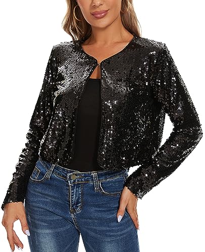 MINTLIMIT Women's Sequin Jacket Long Sleeve Open Front Sparkly Shrugs Glitter Cropped Bolero Cardigans