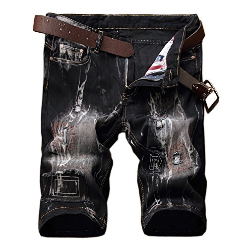 Enrica Men's Slim Fit Ripped Destroyed Washed Denim Jeans Shorts Black