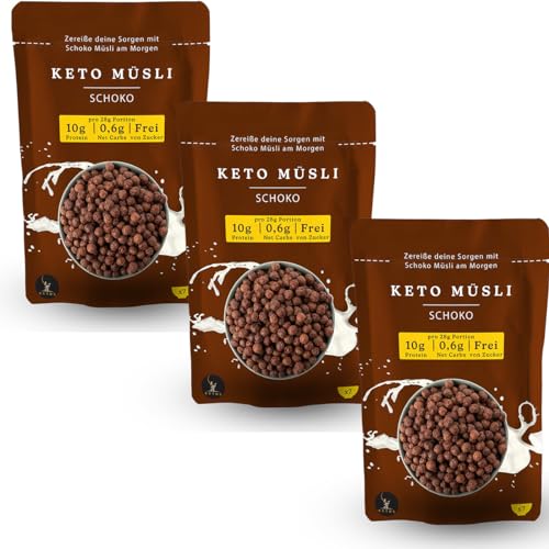 3er Pack Keto Müsli Schoko, Protein Cerealien, Für Low Carb & Keto Ernährung Diät, Ohne Zucker, Glutenfrei